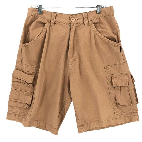 ReliQ Industries Cargo Shorts Mens 32 Khakis Tan Hook & Loop Cotton Casual 90s - Picture 1 of 12
